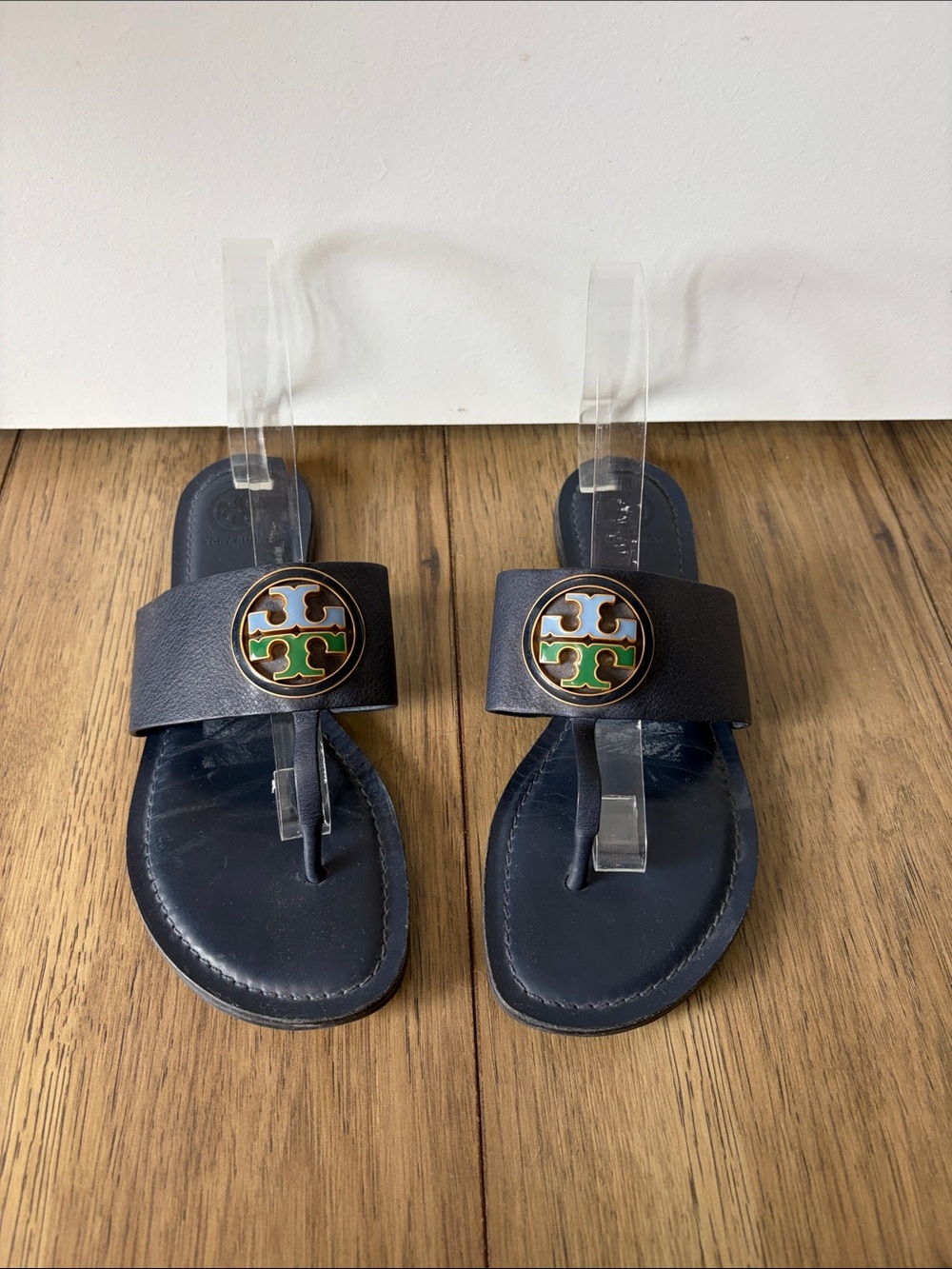 Tory Burch Navy Leather Logo Thong Sandals with Gold and Green Enamel 8